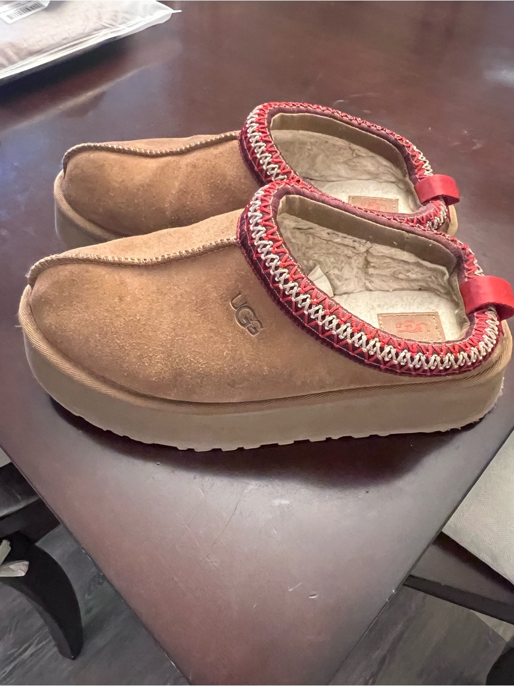 UGG Kids Chestnut Suede Slip-On Clogs with Red Trim